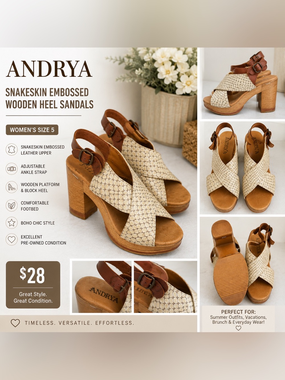 Andrya Snakeskin Embossed Wooden Heel Sandals | Women’s Size 5